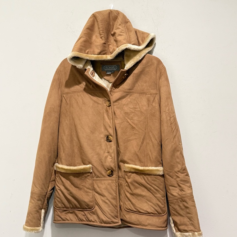 Novelti Tan Suede Fur Lined Hooded 4 Button Down Closure Jacket Coat Size S NWT - Picture 4 of 8